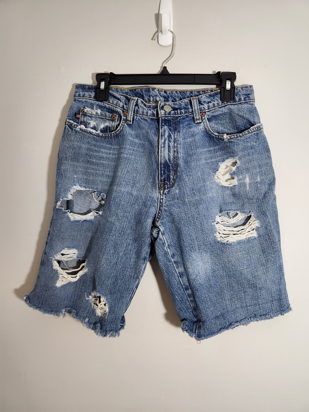 Polo by Ralph Lauren Distressed Ripped Torn Denim Jean Shorts Worn Holes Bermuda
